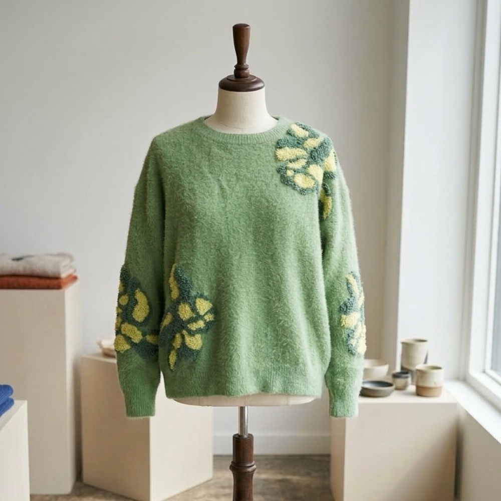 FRNCH Alyssia Fuzzy Sweater Large Women’s Mint Green Textured Floral Pullover